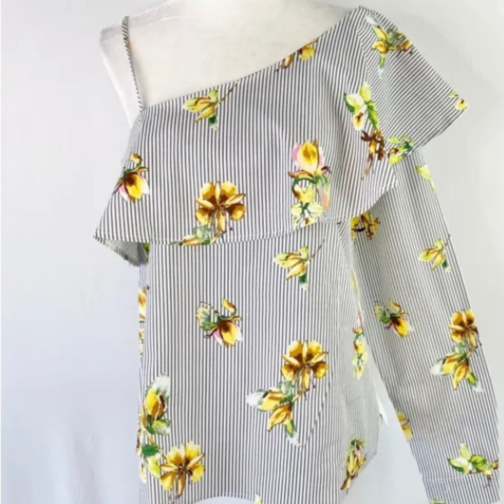 Lumière Floral Striped One Shoulder Long Sleeve Shirt Grey Multi Size S - Picture 2 of 10